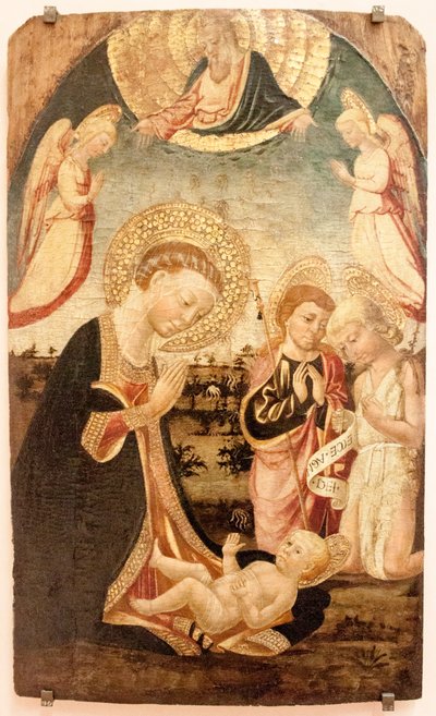 Adoración del Niño con la Virgen, San Juanito, San Jacobo Mayor, ángeles y Dios Padre de Neri di Bicci